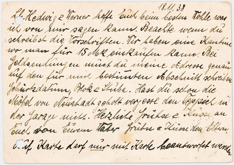 Postkarte aus dem Konzentrationslager Dachau (Rückseite, in Handschrift schwarze Tinte)