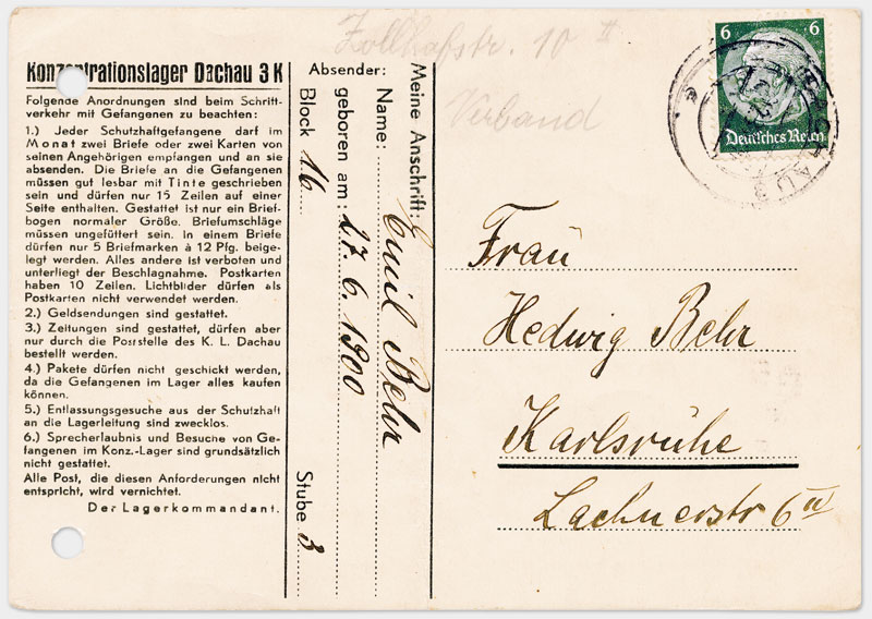 Vordruck Postkarte aus dem Konzentrationslager Dachau (Vorderseite)