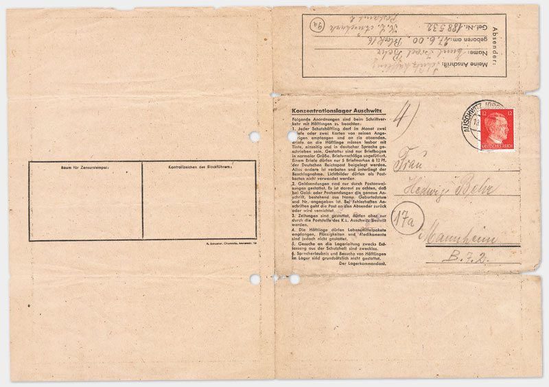 Vordruck Brief aus dem Konzentrationslager Auschwitz (Vorderseite), Din A 4 Querformat